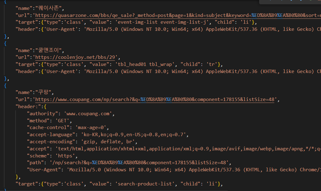 사이트별 속성을 json 형태로 기록